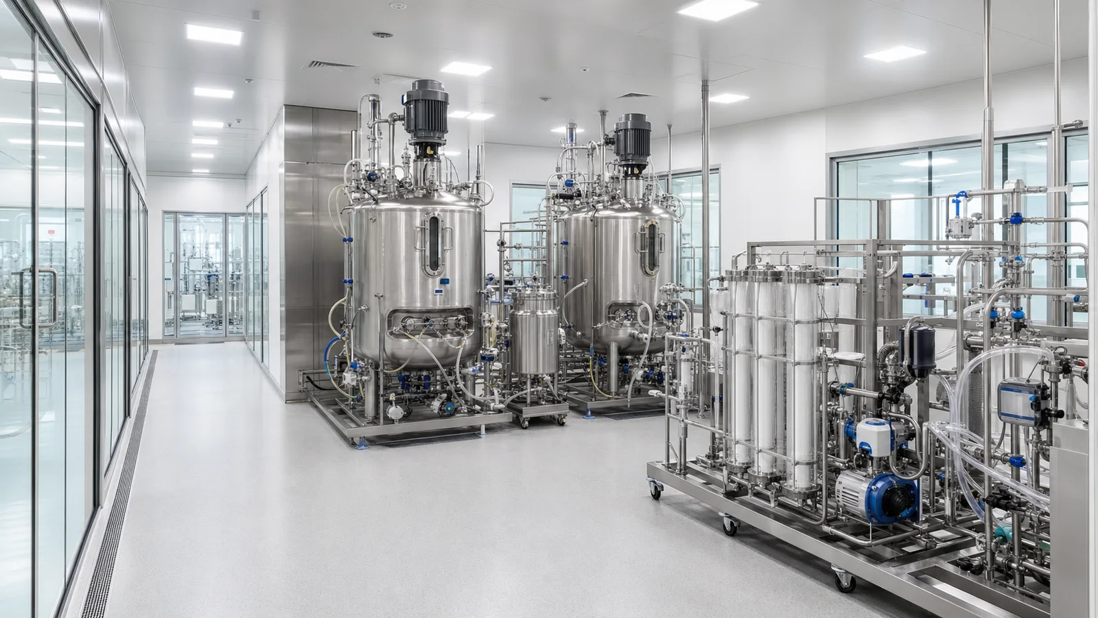 GMP biopharmaceutical manufacturing suite with bioreactors